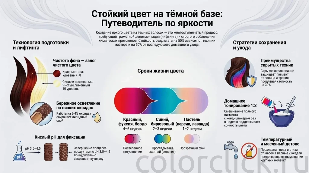 Цветное окрашивание волос — как добиться стойкости на тёмной базе