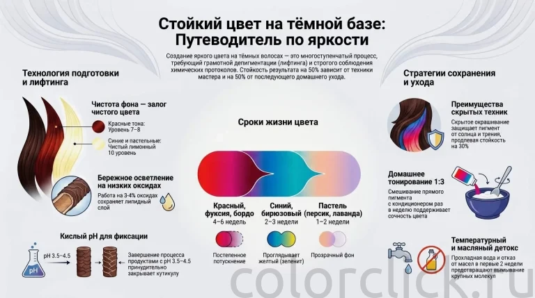 Цветное окрашивание волос — как добиться стойкости на тёмной базе