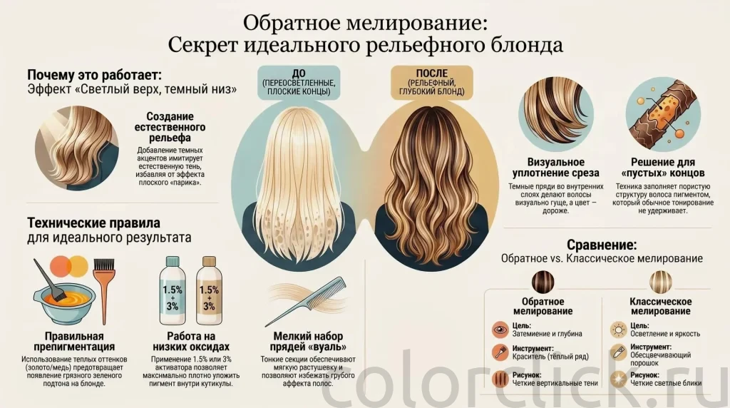 Техника «обратное мелирование волос»: тёмнее снизу, светлее сверху.