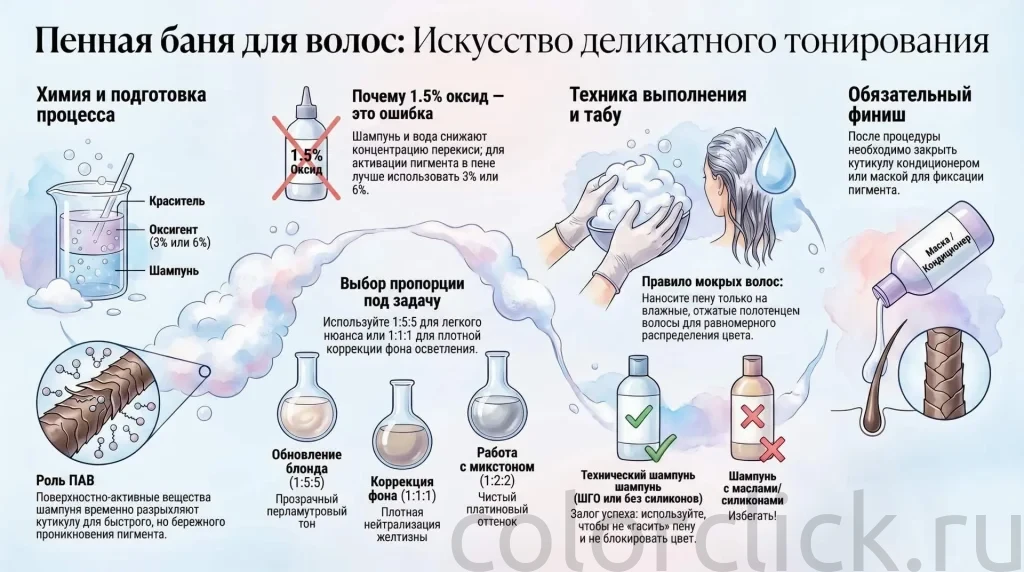 Пенная баня для тонирования волос: техника, ошибки и реальная химия процесса