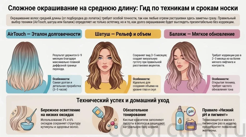 Сложное окрашивание волос средней длины: гид по техникам и срокам носки