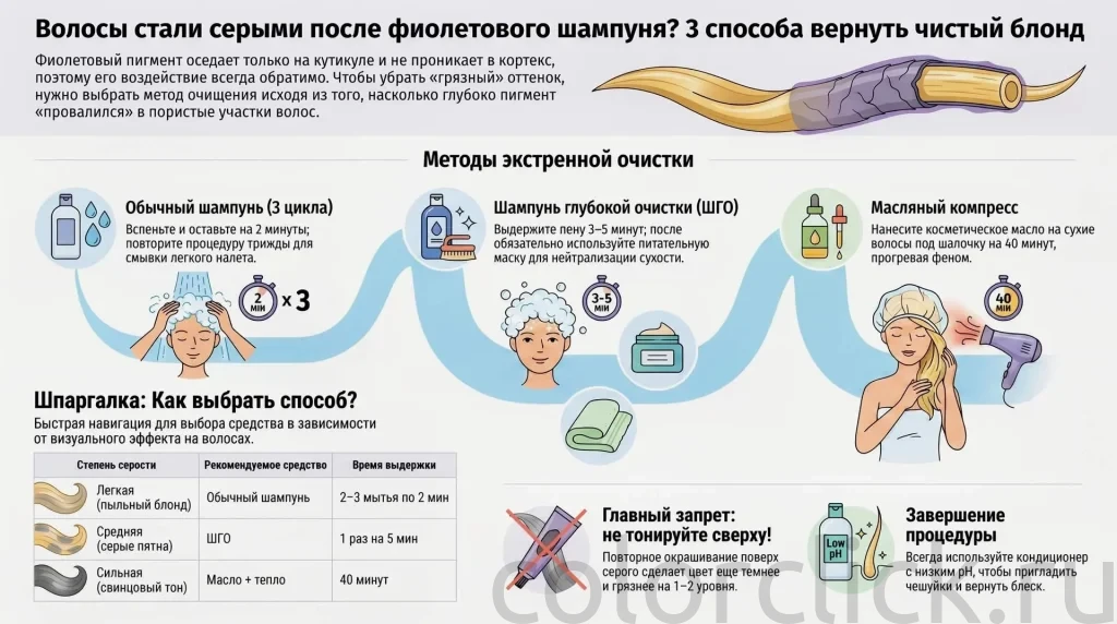 Фиолетовый шампунь сделал волосы серыми — как быстро убрать оттенок