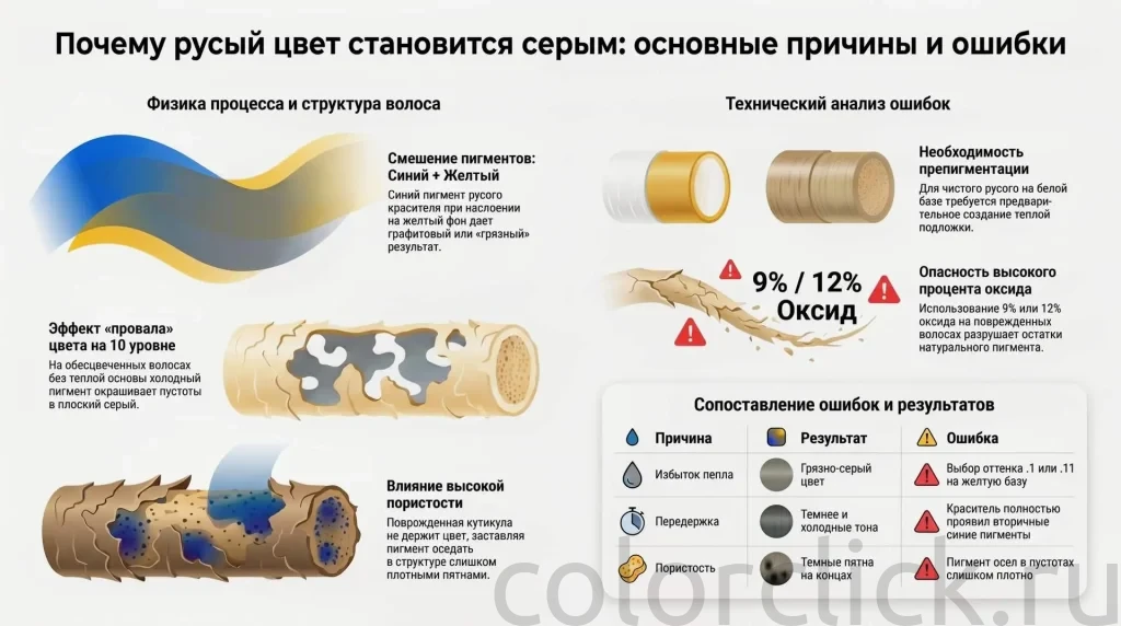 Почему при окрашивании в русый получается серый оттенок