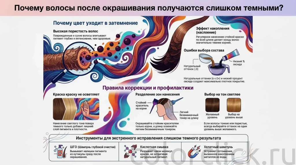 Почему после окрашивания волосы темнее: причины перенасыщения пигментом