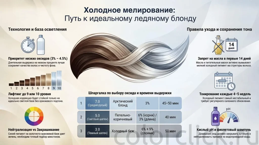 Холодное мелирование: как добиться чистого фона осветления и сохранить тон