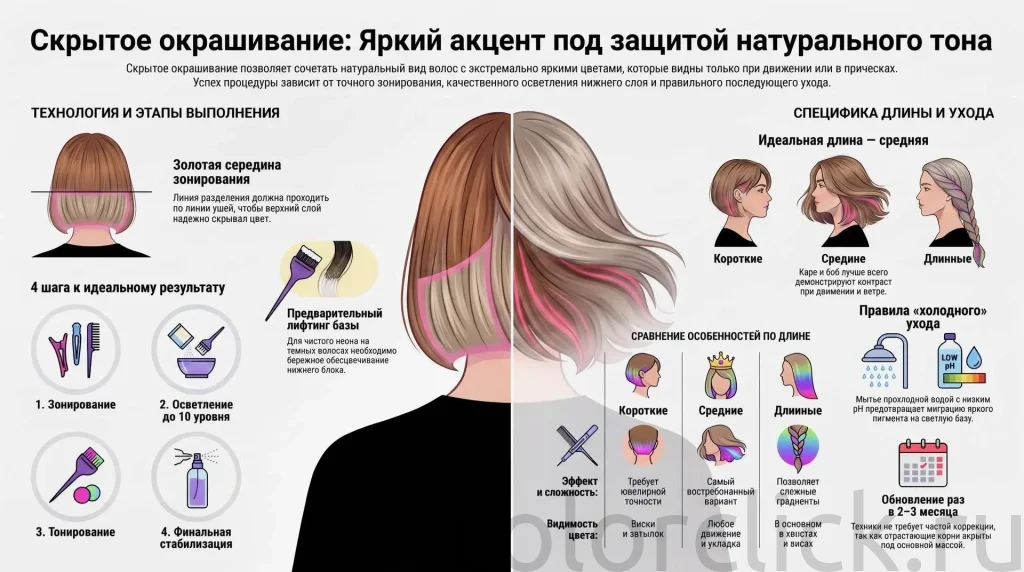 Техника скрытого окрашивания: как спрятать яркий цвет под натуральным тоном