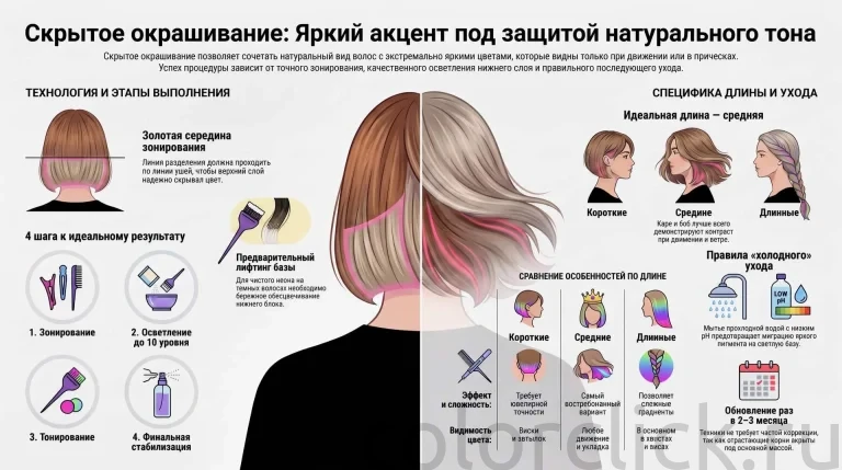 Техника скрытого окрашивания: как спрятать яркий цвет под натуральным тоном