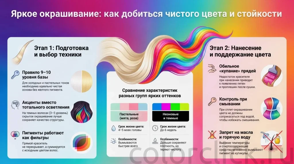 Яркие окрашивания: техники работы с цветом и выбор под базу