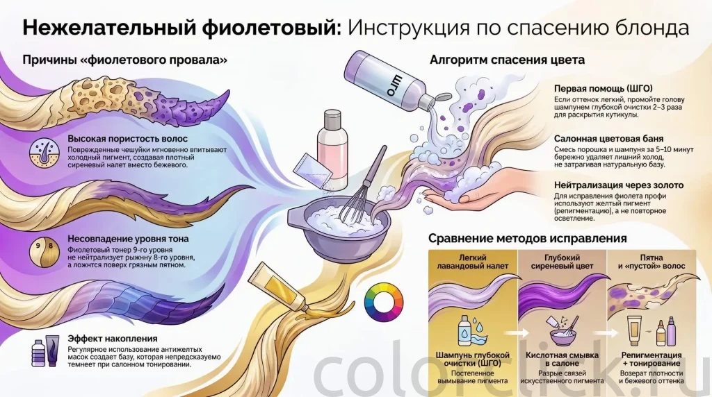 Фиолетовые волосы после окрашивания: причины провала и способы коррекции